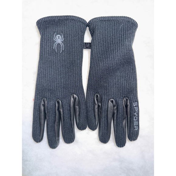 Spyder Gloves Knit Black Leather Palm Small/CH Winter Skiing Sporty - Picture 1 of 4